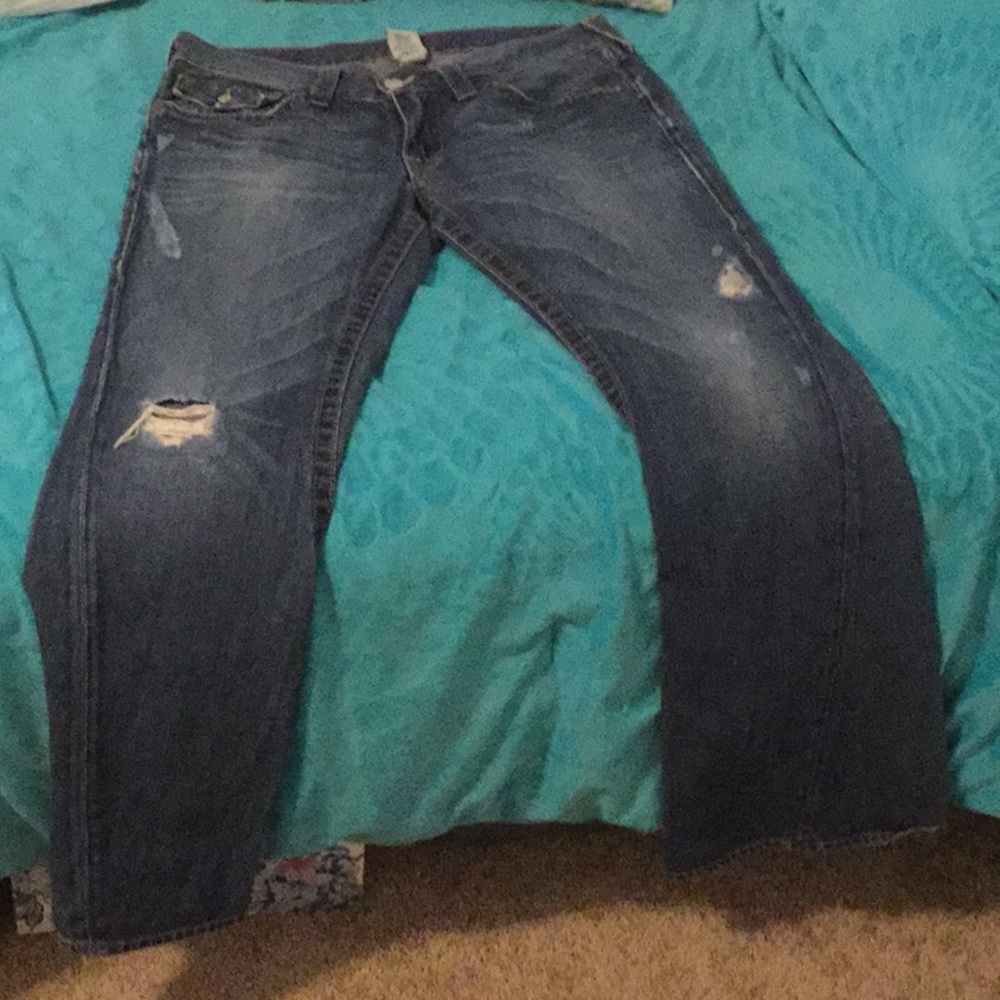 True Religion 33/32 Distressed Joey Bootcut Jeans